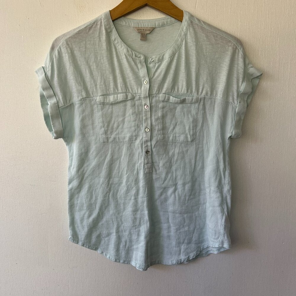 Lucky Brand Top Womens XS Seafoam Green Button Neck Rolled Sleeves Pockets